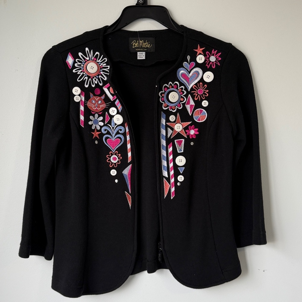 Bob Mackie Women’s Wearable Art Embroidered Cat Zip Up Black Cardigan. SZXXS. - Picture 2 of 15